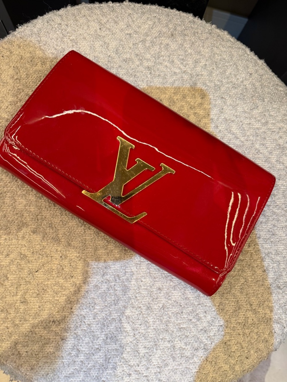 Louis Vuitton Red Patent Leather Clutch with Gold LV Logo